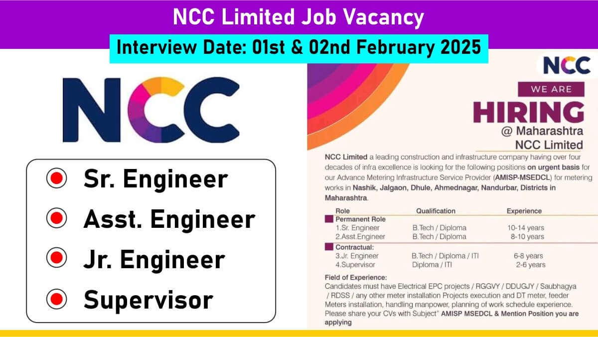 NCC Limited New Job Recruitment 2025 | For Engineer And Supervisor