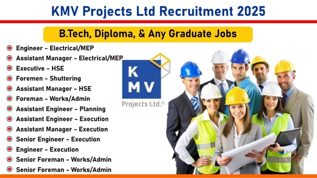 KMV Projects Jobs, Central Zone Jobs, Electrical Engineer, MEP Engineer, HSE Executive, Foreman Jobs, Planning Engineer, Infrastructure Jobs, Hyderabad Jobs, Vishakhapatnam Jobs, Ballarpur Jobs.