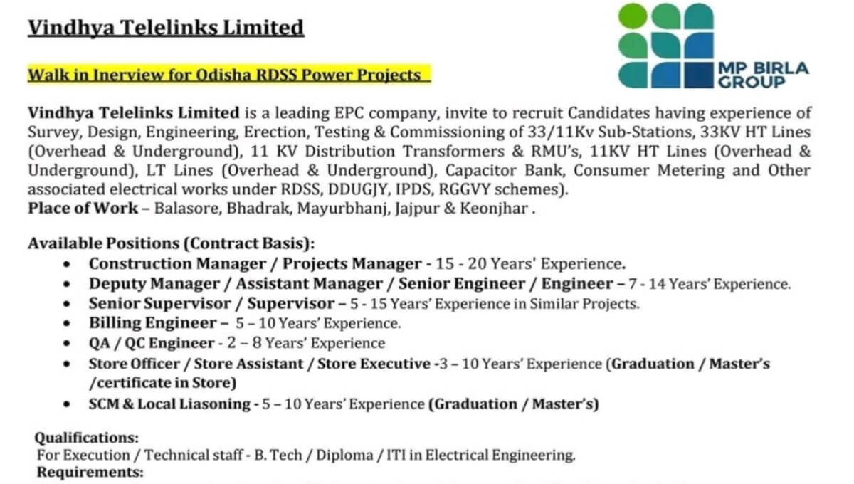 Vindhya Telelinks Limited Hiring 2026 | Walk-in Interview for Odisha RDSS Power Projects
