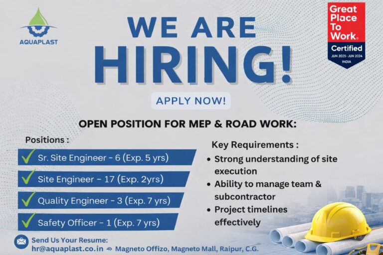 Aquaplast Infraprojects Pvt. Ltd Vacancy 2026 | For MEP aur Road Work projects