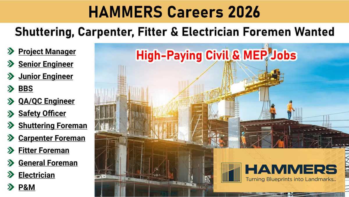 HAMMERS Urgent Hiring 2026 | For Shuttering, Carpenter, Fitter & Electrician Foremen Wanted | High-Paying Civil & MEP Jobs